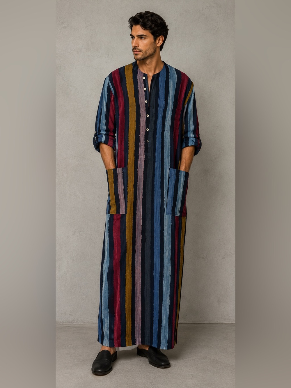 Striped Long Button-Front Maxi Tunic in Multi Colors
